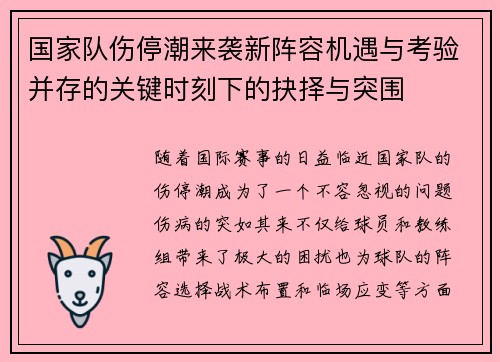 国家队伤停潮来袭新阵容机遇与考验并存的关键时刻下的抉择与突围