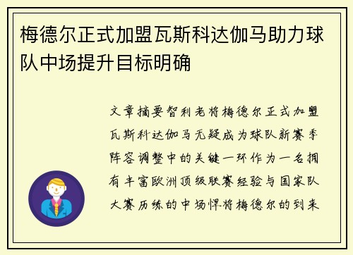 梅德尔正式加盟瓦斯科达伽马助力球队中场提升目标明确