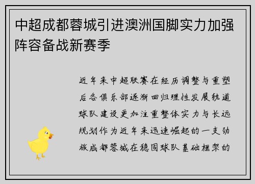 中超成都蓉城引进澳洲国脚实力加强阵容备战新赛季