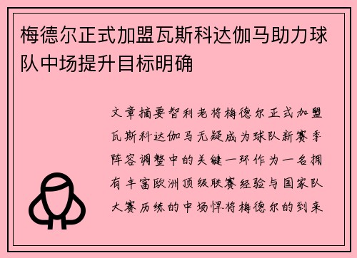 梅德尔正式加盟瓦斯科达伽马助力球队中场提升目标明确