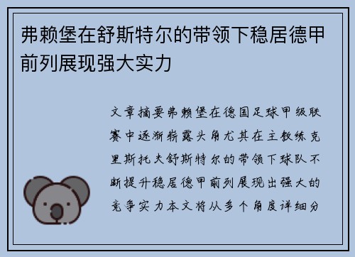 弗赖堡在舒斯特尔的带领下稳居德甲前列展现强大实力